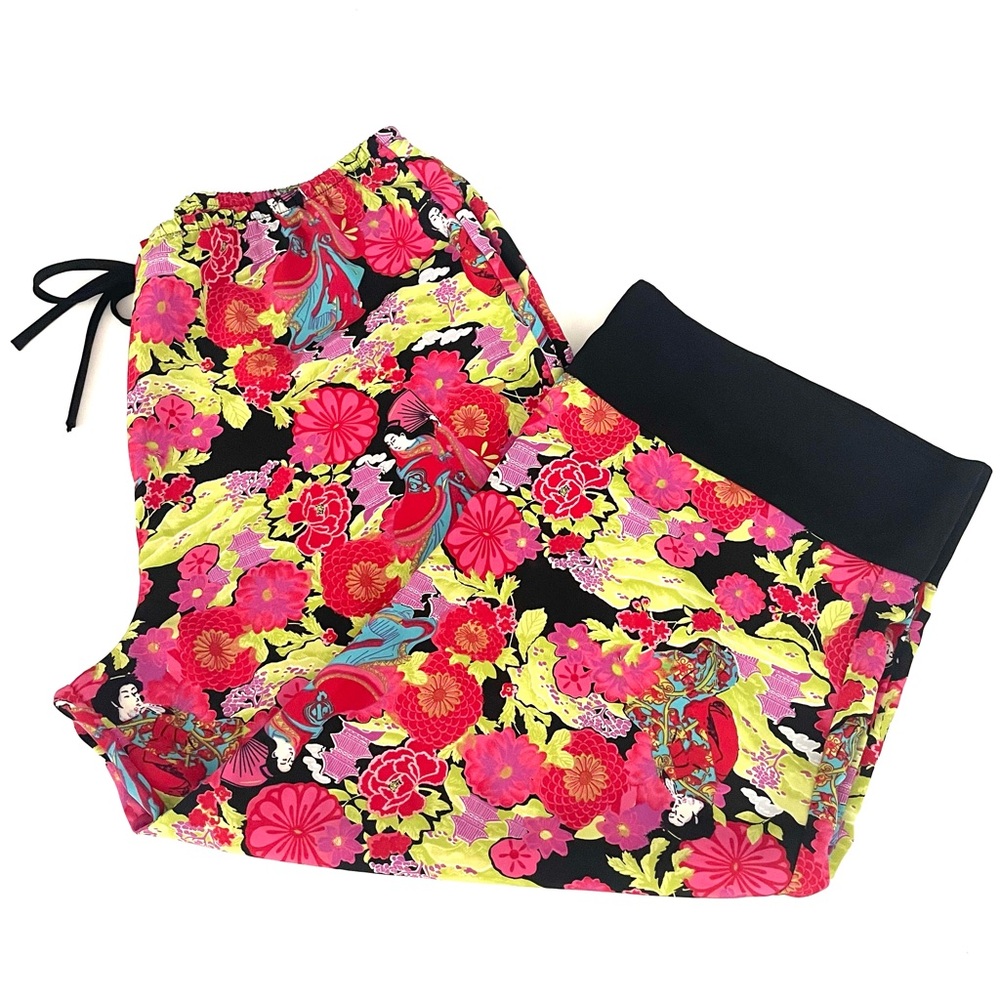 Josie Natori Bright Japanese Kimono Floral Motif Wide Leg Cropped Pants Medium